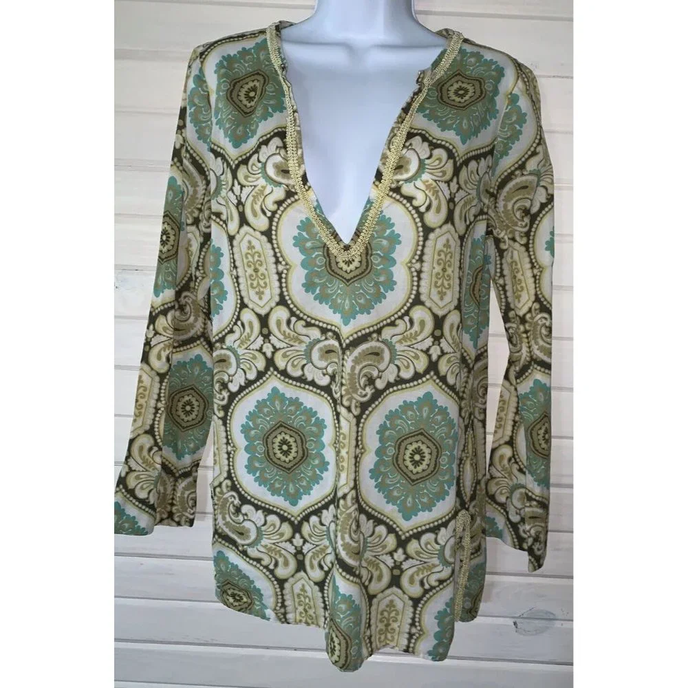 Tommy Bahama Sz SMALL Mandala Khaki Green 100% Cotton Tunic Long Sleeve VGUC - Picture 3 of 9